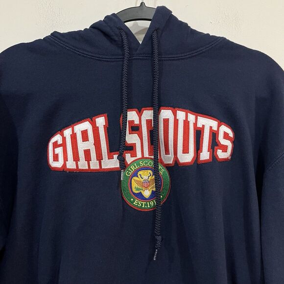 Girl Scouts Embroidered Patch Navy Drawstring Pullover Hoodie Size Medium - Picture 2 of 5